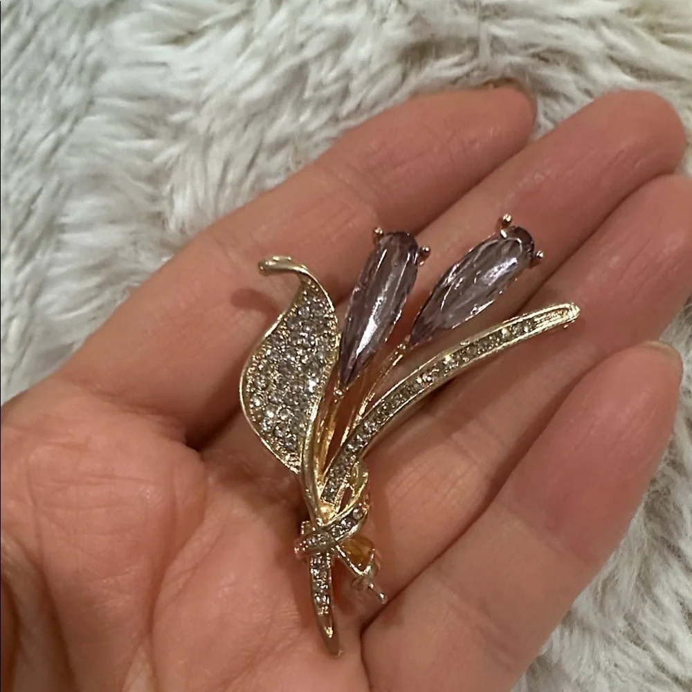 Gold-Tone Floral Crystal Brooch with Amethyst Stones